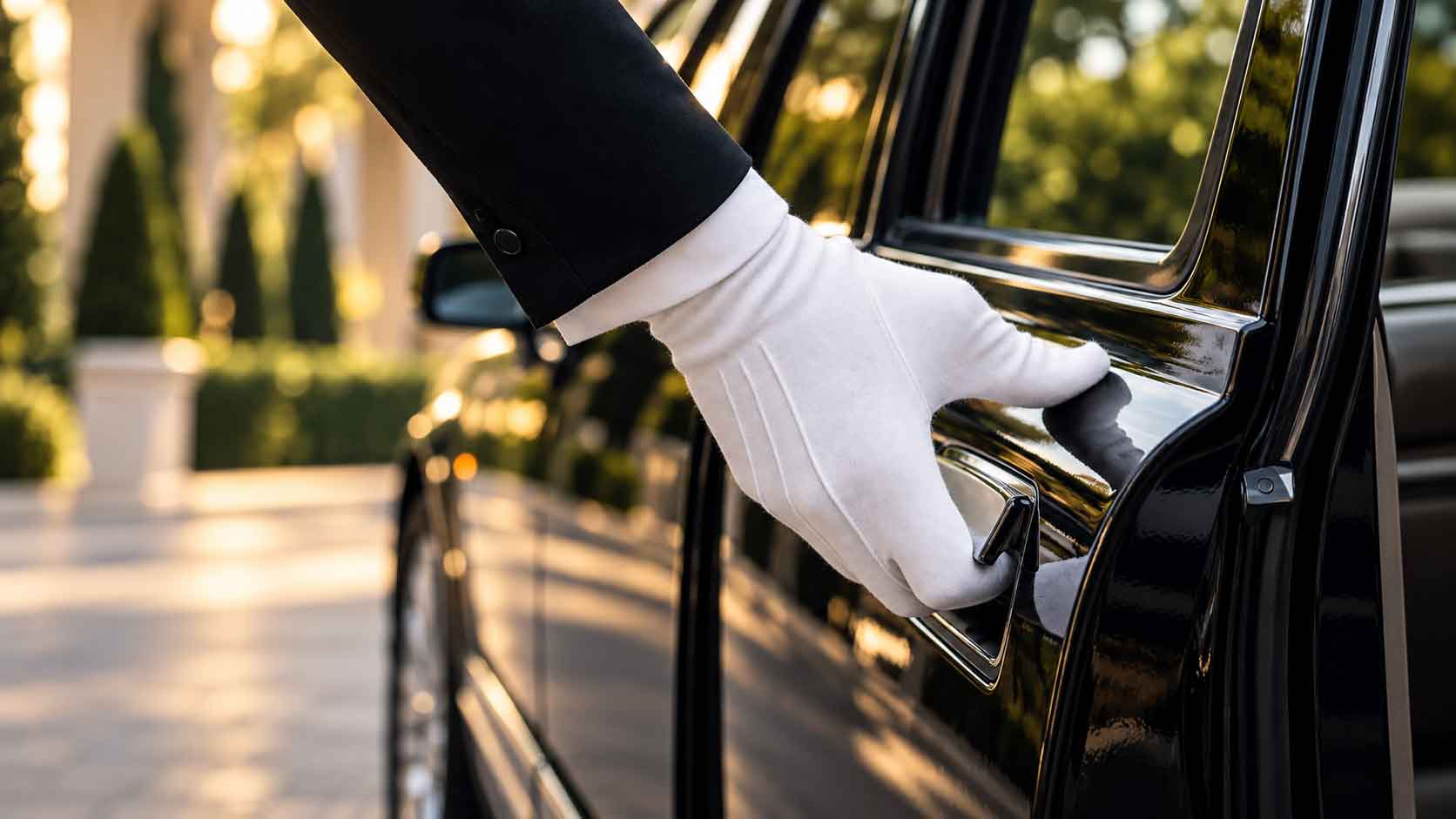 Chauffeur in white gloves opening the door of a black limousine
