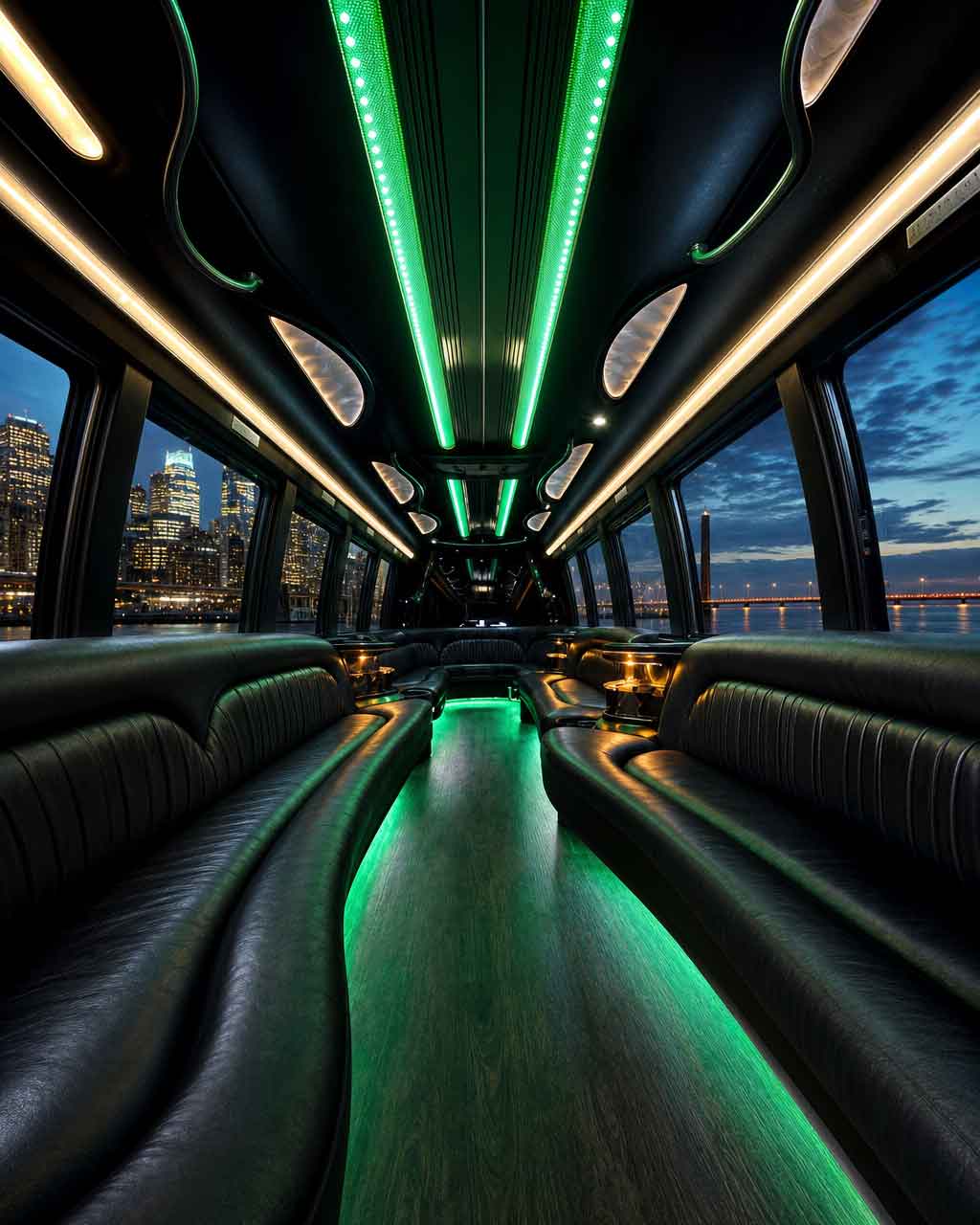 Royal Limousine Service party bus interior with LED lighting and lounge seating